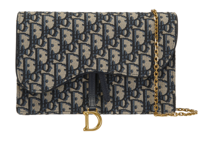 Medium Saddle Pouch With Chain, &pound;850, Handbags, Navy, Canvas, Front view